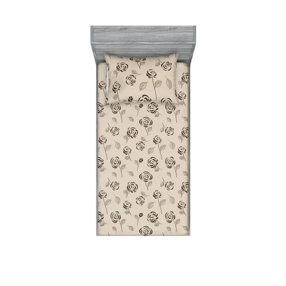 Garden Scene Fitted Sheet & Pillow Sham Set, Simple Design Modern Flower Silhouette With Minimalist Leaf Pattern, Decorative Printed 2 Piece Bedding Decor, Twinxl, Dark Slate Blue Dusk, by Ambesonne