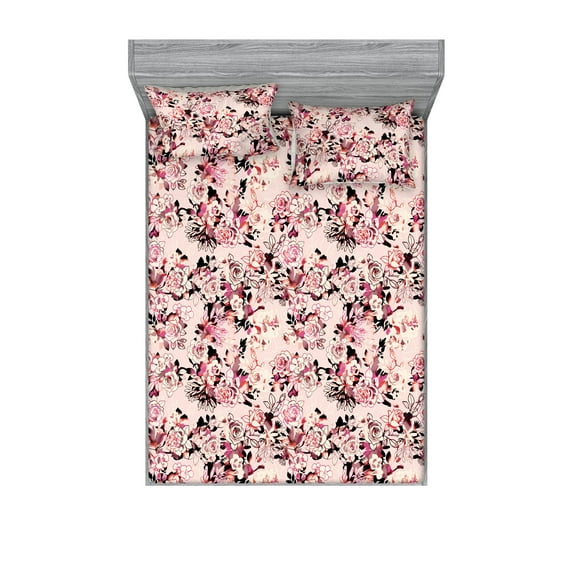 Garden Scene Fitted Sheet & Pillow Sham Set, Simple Floral Boho Pattern with Leafy Ornaments Dreamy Colors Print, Decorative Printed 3 Piece Bedding Decor, Queen, Pale Pink Dark Coral, by Ambesonne