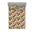 thumbnail image 1 of Garden Scene Fitted Sheet & Pillow Sham Set, Springtime Floral Design With Leaves Greenery on Darkened Backdrop, Decorative Printed 3 Piece Bedding Decor, Queen, Pale Olive Green Blush, by Ambesonne, 1 of 2