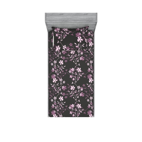 Garden Scene Fitted Sheet & Pillow Sham Set, Springtime Inspired Floral Boho Silhouette Modern Minimalist Art, Decorative Printed 2 Piece Bedding Decor, Twin, Mauve Rose Charcoal Grey, by Ambesonne