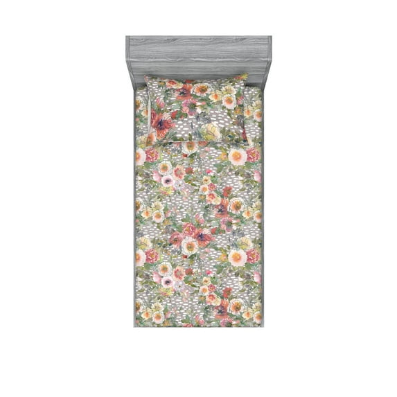 Garden Scene Fitted Sheet & Pillow Sham Set, Springtime Themed Botanical Flowers Aquarelle Style Retro Art, Decorative Printed 2 Piece Bedding Decor, Twin, Pale Purpleblue Off White, by Ambesonne