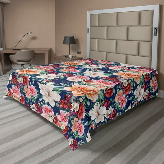 Ambesonne Garden Scene Flat Bedding Sheet Soft Top Sheet, Vintage Leaves Art, California King, Pale Vermilion Eggshell