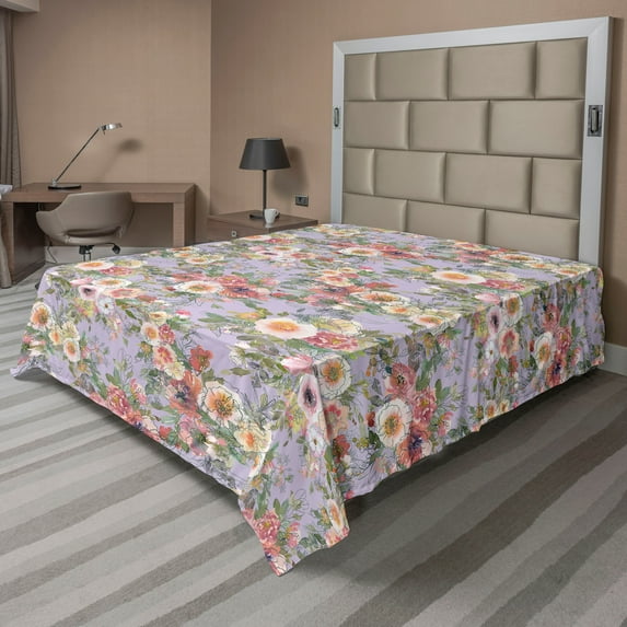 Ambesonne Garden Scene Flat Bedding Sheet Soft Top Sheet, Spring Delicate Floral, King, Pale Lavender Multicolor