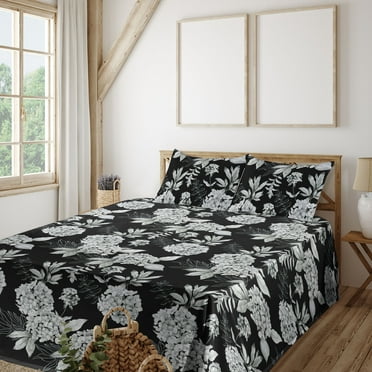 Garden Scene Sheet Set, Botanical Vibe Monochrome Hydrangea Illustration Boho Cottagecore Art, Fitted & Flat Sheet with Pillowcase Bedding Accent 4 Pcs Set, King, Charcoal Grey White, by Ambesonne