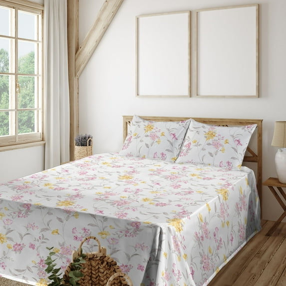 Ambesonne Garden Scene Fitted & Flat Sheet with Sham 3 Pcs Set, Nostalgic Meadow Vibes, Twin XL, Mustard Pale Pink and White