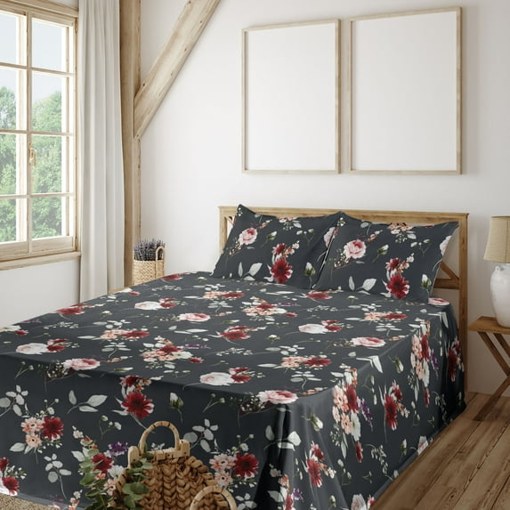 Ambesonne Garden Scene Fitted & Flat Sheet with Shams 4 Pcs Set, Floral Vintage Romance, Full, Charcoal Grey and Burgundy