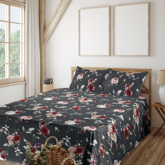 Ambesonne Garden Scene Fitted & Flat Sheet with Shams 4 Pcs Set, Floral Vintage Romance, Queen, Charcoal Grey and Burgundy