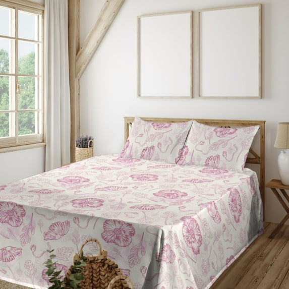 Garden Scene Sheet Set, Neutral Colors Boho Poppy Sketch With Lines Simple Design Print, Fitted & Flat Sheet with Pillowcase Bedding Accent 4 Pcs Set, King, Off White Pale Fuchsia, by Ambesonne