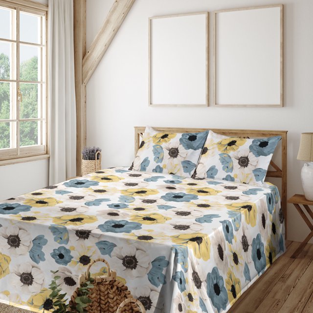 Garden Scene Sheet Set, Watercolor Drawn Simple Boho Flowers on Neutral Tone Boho Art, Fitted & Flat Sheet with Pillowcase Bedding Accent 3 Pcs Set, Twin, Dark Turquoise and Mustard, by Ambesonne