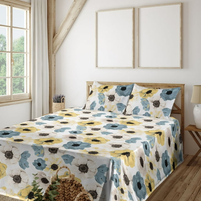 Garden Scene Sheet Set, Watercolor Drawn Simple Boho Flowers on Neutral Tone Boho Art, Fitted & Flat Sheet with Pillowcase Bedding Accent 3 Pcs Set, Twin, Dark Turquoise and Mustard, by Ambesonne