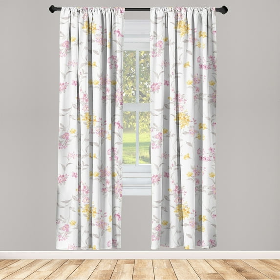 Garden Scene Window Curtains, Cottagecore Nostalgic Meadow Floral Design with Leaves Art, Lightweight Decor 2-Panel Set with Rod Pocket, Pair of - 28"x95", Mustard Pale Pink and White, by Ambesonne