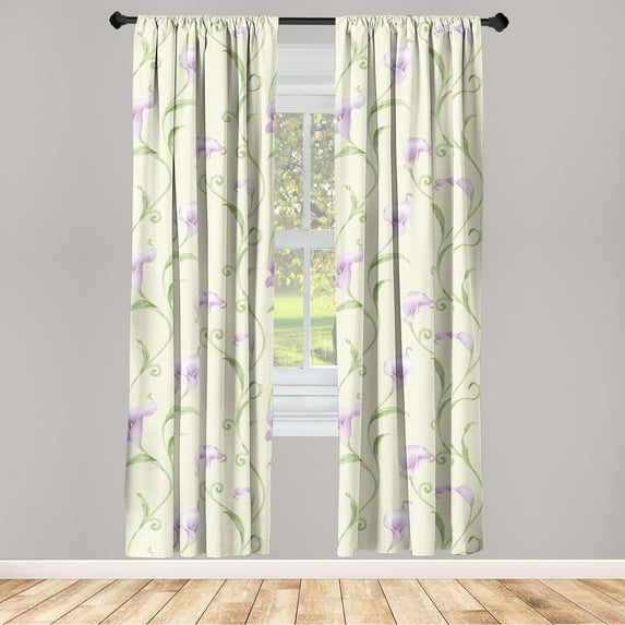Garden Scene Window Curtains, Lavender Colors Soft Floral Composition Nostalgic Flowers Print, Lightweight Decor 2-Panel Set with Rod Pocket, Pair of - 28"x63", Avocado Green Pale Lilac, by Ambesonne