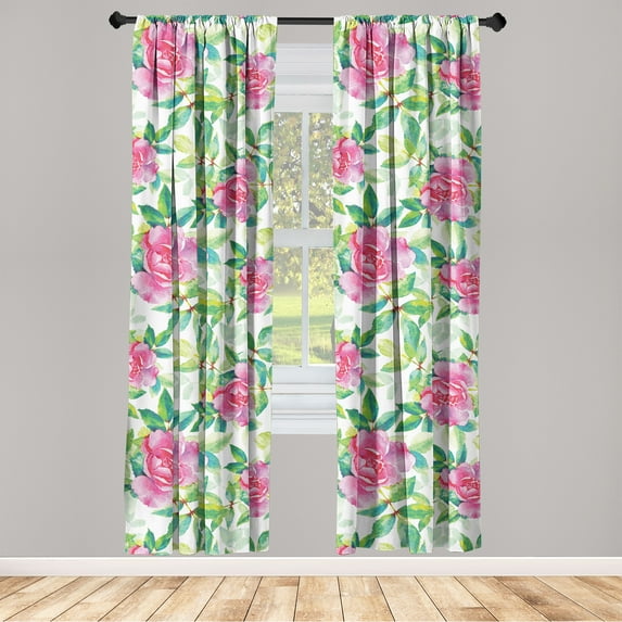 Garden Scene Window Curtains, Watercolor Boho Flowers Vintage Pattern with Leaves Greenery, Lightweight Decor 2-Panel Set with Rod Pocket, Pair of - 28"x84", Hot Pink Fern Green White, by Ambesonne