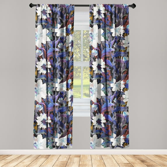 Garden Scene Window Curtains, Watercolor Design Bud Stem Pattern on Muted Colors Jumble Back, Lightweight Decor 2-Panel Set with Rod Pocket, Pair of - 28"x95", Indigo Dark Indigo Ivory, by Ambesonne