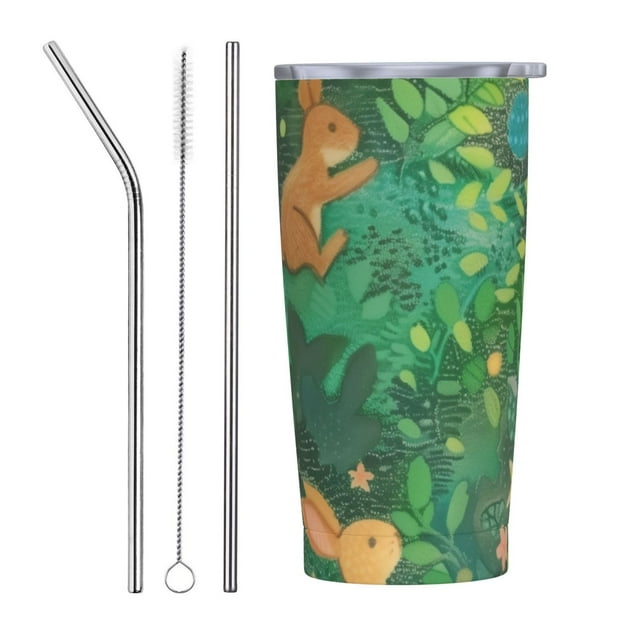 Garden Scene With Toon Animals And 20 Oz Stainless Steel Cup With Lid 