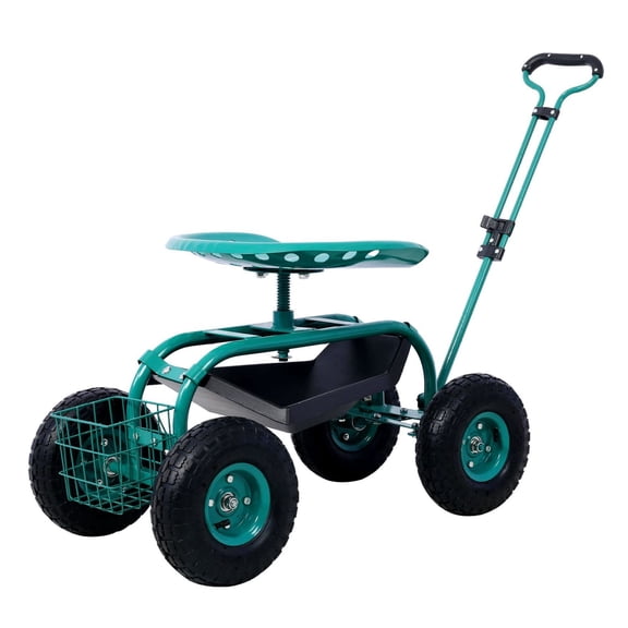 Garden Scooter Cart with Wheels, 360 Swivel Seat & Tool Tray - Rolling Garden Seat for Outdoor Use, Heavy Duty Steel Frame, Green