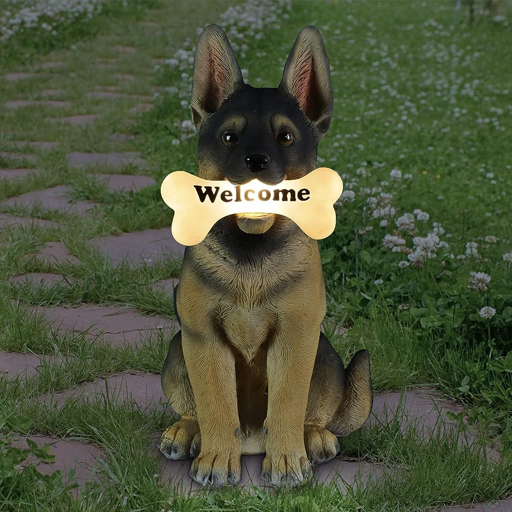 Garden Sculpture, Solar German Shepherd Dog Statue, Sign Bone