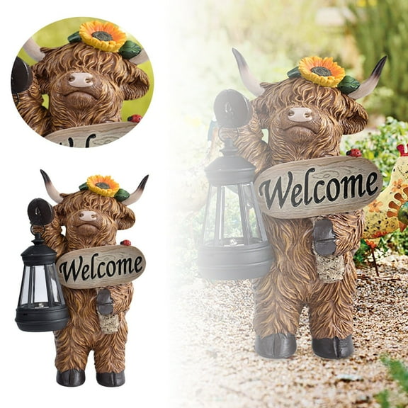 Garden Sculptures Cow Solar Statue Outdoor Animal Decoration with LED Light for Patio and Yard