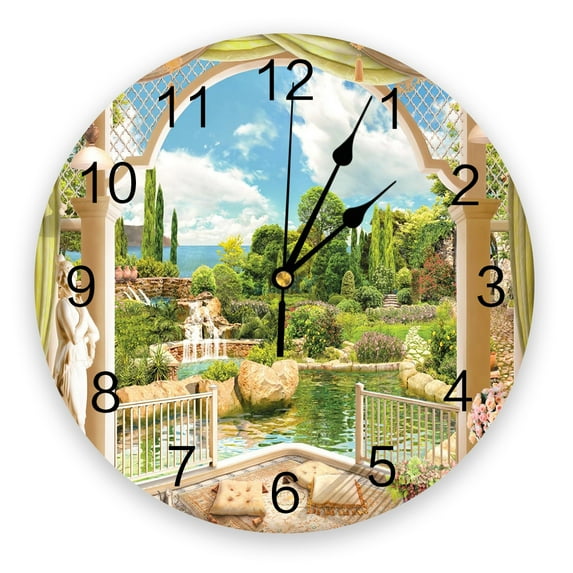 Garden Sea Amalfi Coast Decorative Round Wall Clock Arabic Numerals Design Non Ticking Wall Clock Large For Bedrooms Bathroom(14 Inch)