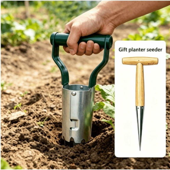 Garden Seeder Dibber, Wooden Handle Manual Seed Planter Transplant Tool, Hole Punch Digger for Vegetable Seedling Digging Seeding Fertilizing Backyard Patio Farm Garden Care Tool