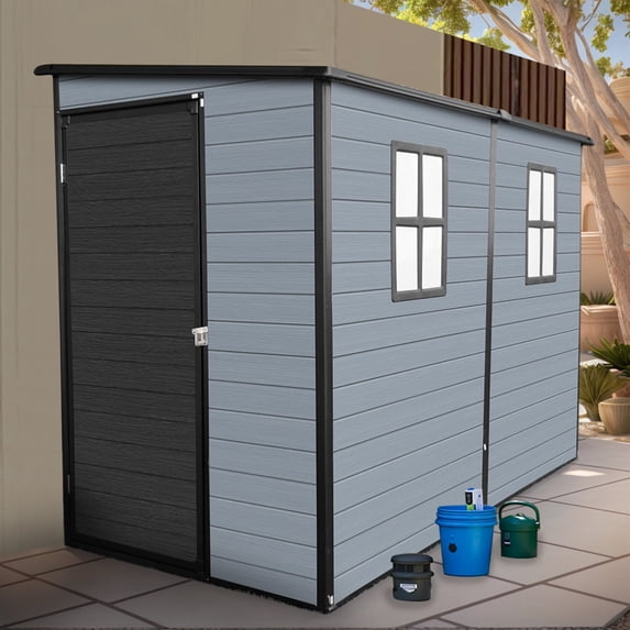 Garden Sheds 4x8ft Outdoor Resin Garden Shed with Floor and 2 Windows, Plastic Patio Outdoor Storage Shed with Lockable Door for Garden Tools, Bicycles, Trash Cans, Gray+Black,Outdoor Sheds