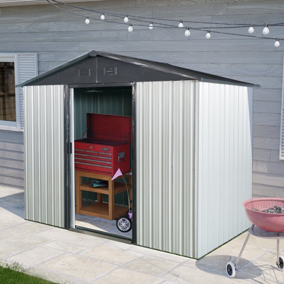 Garden Sheds 8ft x 4ft Outdoor Metal Storage Shed with Sliding Door and foundation for Backyard, Patio, Lawn - White and Black,Outdoor Sheds
