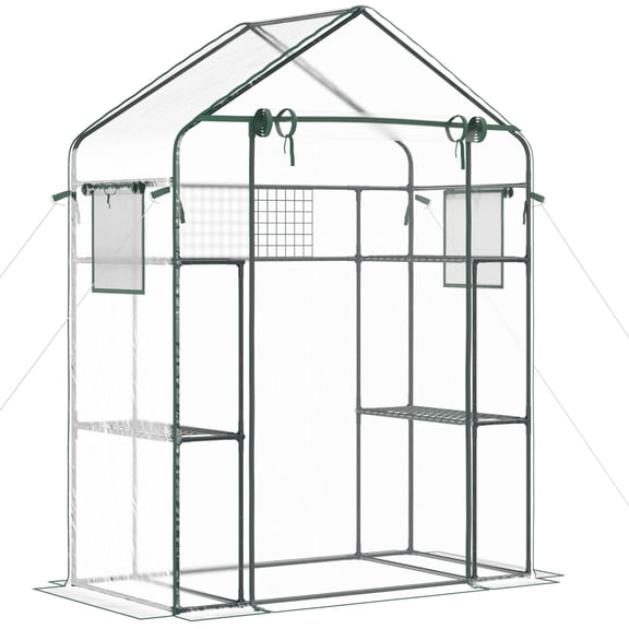 Garden Sheds Outsunny Outdoor Walk-in Mini Greenhouse with Mesh Door & Windows, Small Portable Garden Green House with 3 Tiers 6 Shelves, Trellis, & Plant Labels,Outdoor Sheds