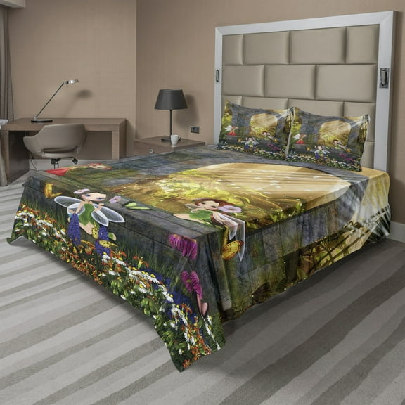 Ambesonne Nature Fitted & Top Sheet Set with Shams, Flowers Blossoms Scene, Charcoal Green Red