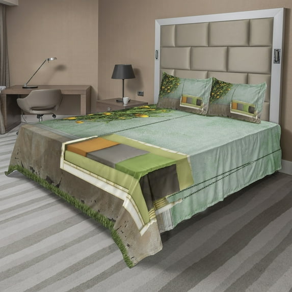 Ambesonne Vintage Fitted & Top Sheet Set with Shams, Wooden Swing in Garden, Yellow Green