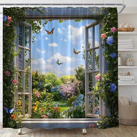 Garden Shower Curtain Forest Butterfly Flower Spring Scenery Nature Landscape Bathroom Curtains Decor Fabric Set Include Hooks-36"W x 72"L (Pack of 1)