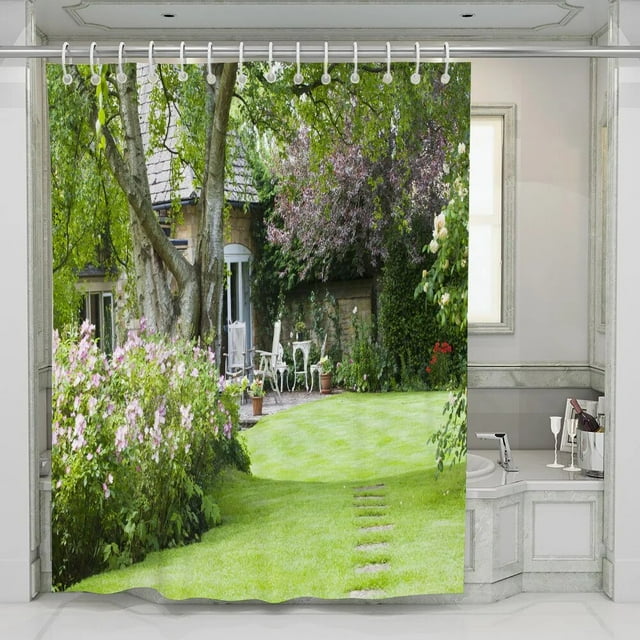 Garden Shower Curtain Tulip Nature Rustic Forest Green Leaves Landscape