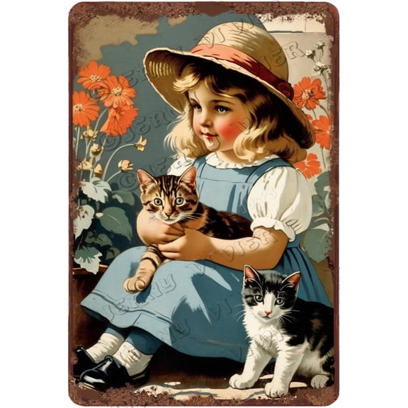 Garden Sign Vintage Metal Poster Decor - A Girl Loves Cats And Gardening Retro Metal Tin Sign Gifts for People Who Like Gardening Bedroom Home Hotel Bar Cafe Decor,Aluminum, 12"x8"