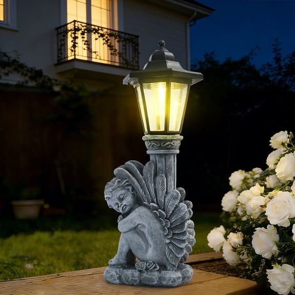 Garden Sleeping Angel Statue with Solar Powered Lantern for Patio Yard Backyard Gifts for Mother's Day Birthday Housewarming,Solar Garden Angel Lean on Roman Columns Sculptures with Light