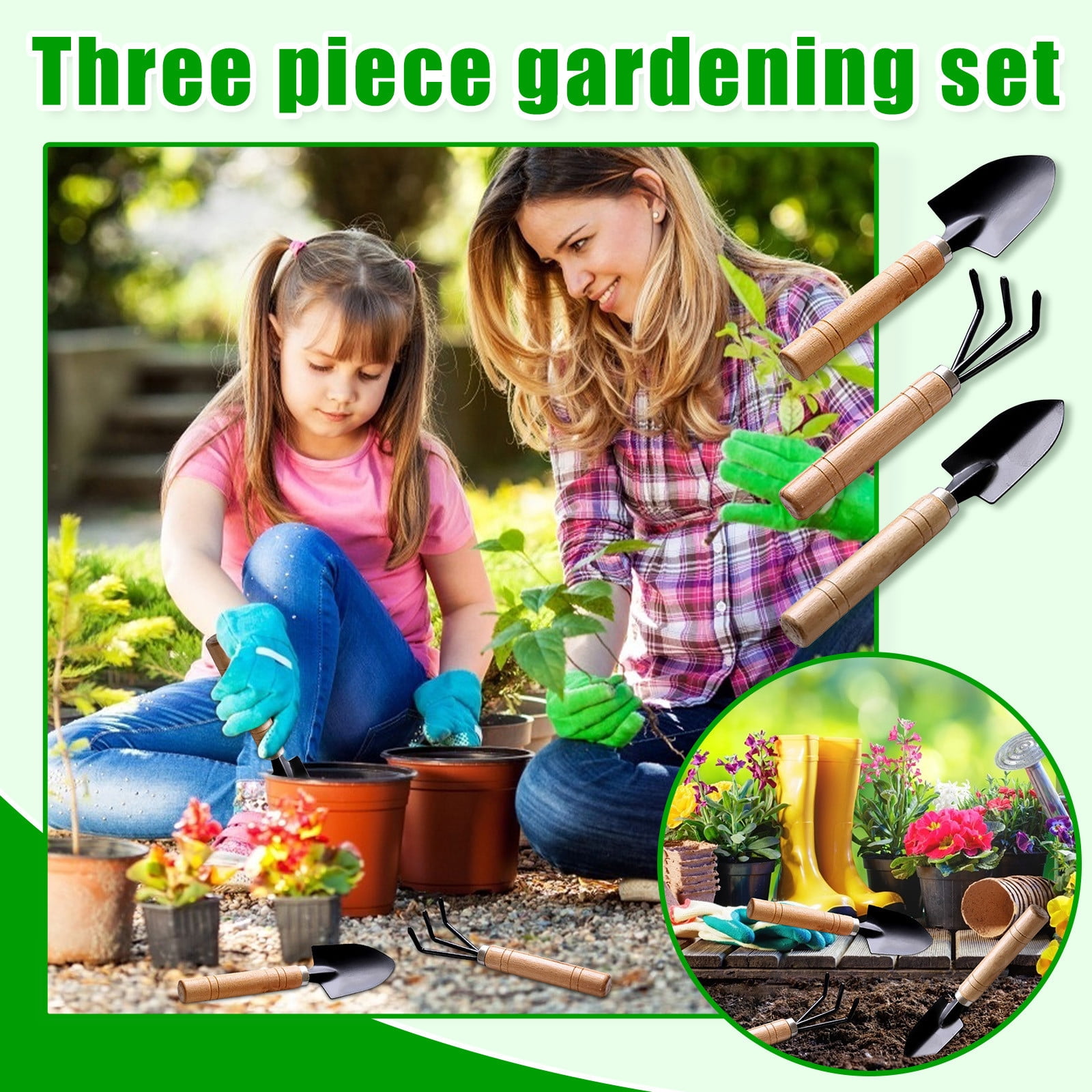 Mini Gardening Tool Set – 3-Piece Handheld Shovel, Rake & Spade With Wooden Handle For Easy Planting