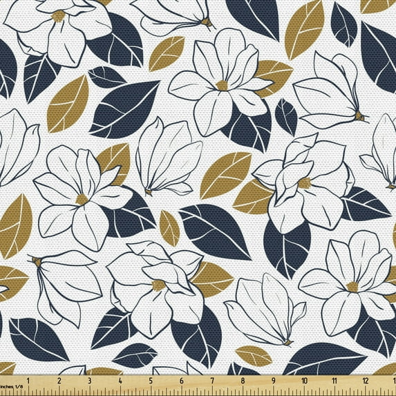 Garden Sofa Upholstery Fabric by the Yard, Hand Drawn Repeating Floral Illustration of Magnolia Flowers Leaves, Decorative Fabric for DIY and Home Accents, White Pale Coffee Indigo by Ambesonne