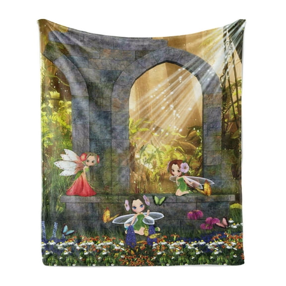 Garden Soft Flannel Fleece Blanket, Fairies Playing in the Ruins with Flowers Blossom Butterflies Fantasy Scene, Cozy Plush for Indoor and Outdoor Use, 50" x 60", Charcoal Green Red, by Ambesonne