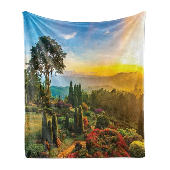 Garden Soft Flannel Fleece Blanket, Fresh Forest with Colorful Flowers on Hill with Sunrise in Morning Idyllic Scenery, Cozy Plush for Indoor and Outdoor Use, 50" x 60", Multicolor, by Ambesonne