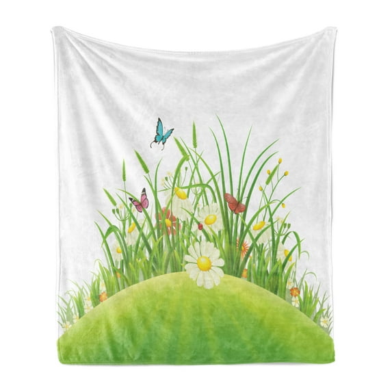 Garden Soft Flannel Fleece Blanket, Graphic Summer Season Hill with Green Grass Meadow and Flourishing Herbs Wildflowers, Cozy Plush for Indoor and Outdoor Use, 50" x 60", Multicolor, by Ambesonne