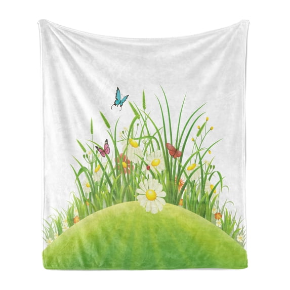 Garden Soft Flannel Fleece Blanket, Graphic Summer Season Hill with Green Grass Meadow and Flourishing Herbs Wildflowers, Cozy Plush for Indoor and Outdoor Use, 70" x 90", Multicolor, by Ambesonne