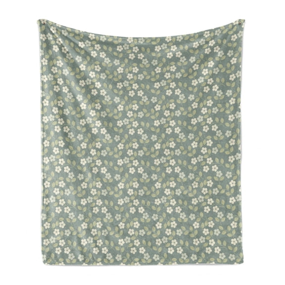 Garden Soft Flannel Fleece Blanket, Summer Blossoms Flourishing Swirly Branches of Yard Flowers Spring Stems, Cozy Plush for Indoor and Outdoor Use, 50" x 60", Grey Teal Pale Green, by Ambesonne