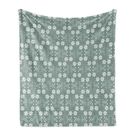 Garden Soft Flannel Fleece Throw Blanket, Baroque Style Inspired Delicate Daisy Flower Petals and Dots, Cozy Plush for Indoor and Outdoor Use, 60" x 80", Pale Sage Green White, by Ambesonne