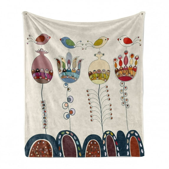 Garden Soft Flannel Fleece Throw Blanket, Cartooned Landscape with Flowers Birds and Abstract Forms Colorful, Cozy Plush for Indoor and Outdoor Use, 60" x 80", Multicolor, by Ambesonne