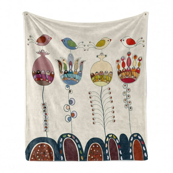 Garden Soft Flannel Fleece Throw Blanket, Cartooned Landscape with Flowers Birds and Abstract Forms Colorful, Cozy Plush for Indoor and Outdoor Use, 60" x 80", Multicolor, by Ambesonne