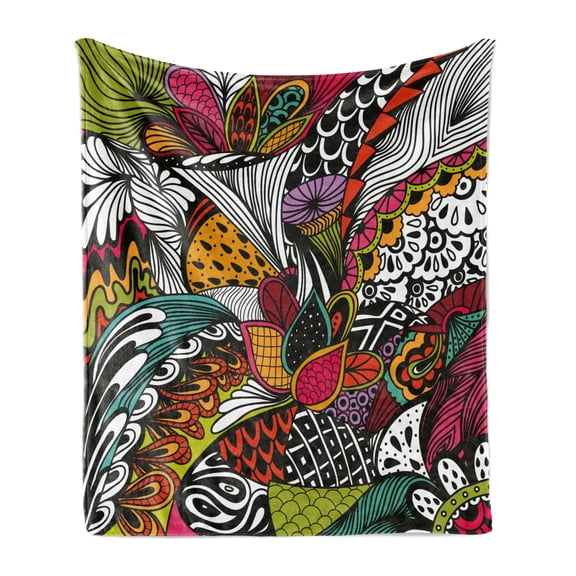 Garden Soft Flannel Fleece Throw Blanket, Doodle Abstract Exotic Flowers Colorful Ornate Leaves Petals Tropical Print, Cozy Plush for Indoor and Outdoor Use, 70" x 90", Multicolor, by Ambesonne