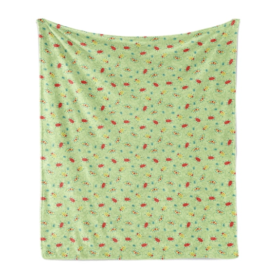 Garden Soft Flannel Fleece Throw Blanket, Doodle Image of Caterpillars Ladybugs and Ants on Green Leaves of Garden Flowers, Cozy Plush for Indoor and Outdoor Use, 60" x 80", Multicolor, by Ambesonne