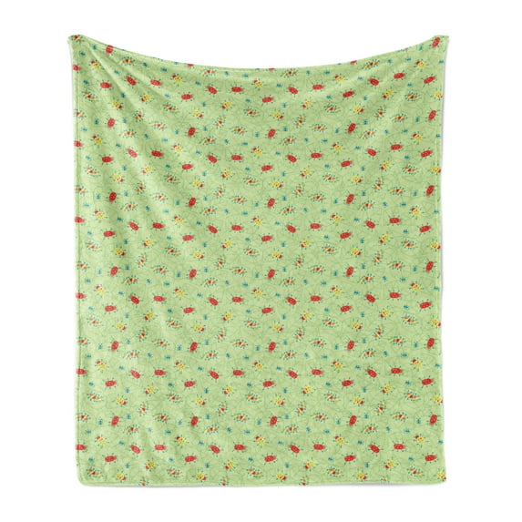 Garden Soft Flannel Fleece Throw Blanket, Doodle Image of Caterpillars Ladybugs and Ants on Green Leaves of Garden Flowers, Cozy Plush for Indoor and Outdoor Use, 70" x 90", Multicolor, by Ambesonne