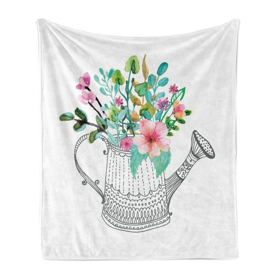 Garden Soft Flannel Fleece Throw Blanket, Doodle Style Watering Can with Lines and Dots Watercolor Style Blooming Flowers, Cozy Plush for Indoor and Outdoor Use, 70" x 90", Multicolor, by Ambesonne