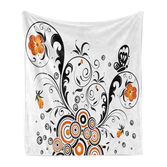 Garden Soft Flannel Fleece Throw Blanket, Floral Design Branches with Circular Petals and Butterflies Display, Cozy Plush for Indoor and Outdoor Use, 50" x 70", Orange Black White, by Ambesonne