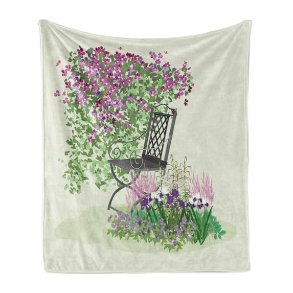 Garden Soft Flannel Fleece Throw Blanket, Island for Relaxing in the Garden Among the Flowers Blooming Summer Day Artwork, Cozy Plush for Indoor and Outdoor Use, 50" x 70", Purple Green, by Ambesonne