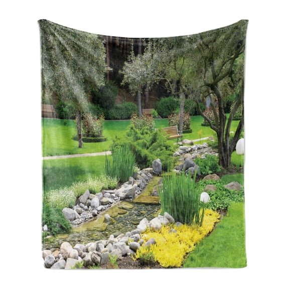 Garden Soft Flannel Fleece Throw Blanket, Japanese Park Style Recreational View with Pond Grass Stones and Trees Landscape Print, Cozy Plush for Indoor and Outdoor Use, 70" x 90", Green, by Ambesonne